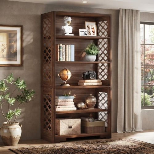 Bookshelf 70.8" Freestanding 6-Tier Bookcase Display Rack with Storage Shelves and X-Shaped Design Brown