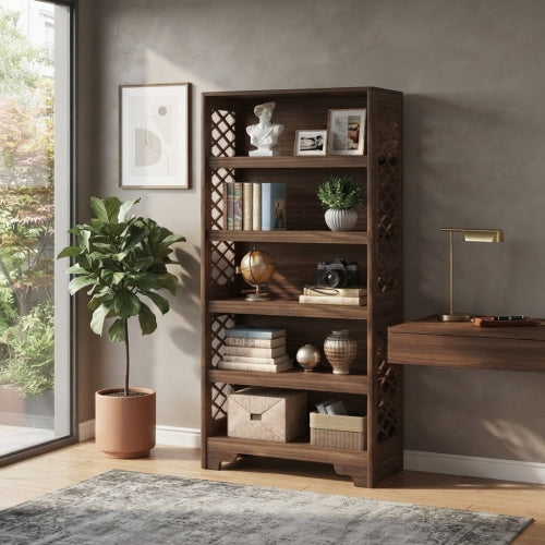 Bookshelf 70.8" Freestanding 6-Tier Bookcase Display Rack with Storage Shelves and X-Shaped Design Brown