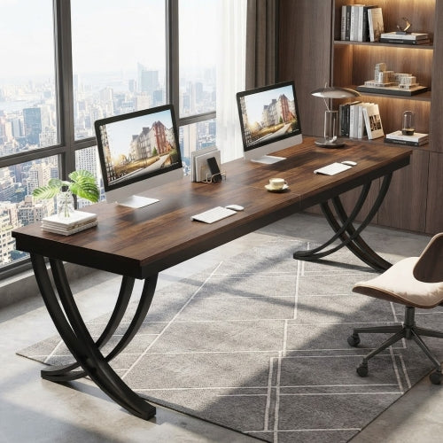 2 Person Desk 78.74" Industrial Double Computer Desk with Metal Frame Large Workstation for Office Study and Gaming Brown & Black