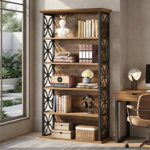 Bookshelf 71" Industrial 6-Tier Bookcase with Open Storage Shelves and Metal Frame Rustic Brown & Black