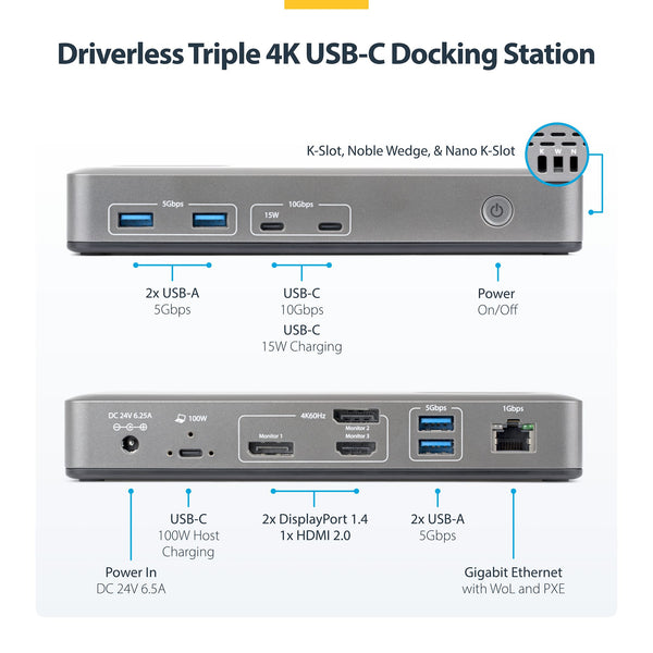 StarTech USB-C Triple 4K Docking Station, 100W Power Delivery, 2 DisplayPort & HDMI, 6 USB Ports, Gigabit Ethernet – TAA Compliant