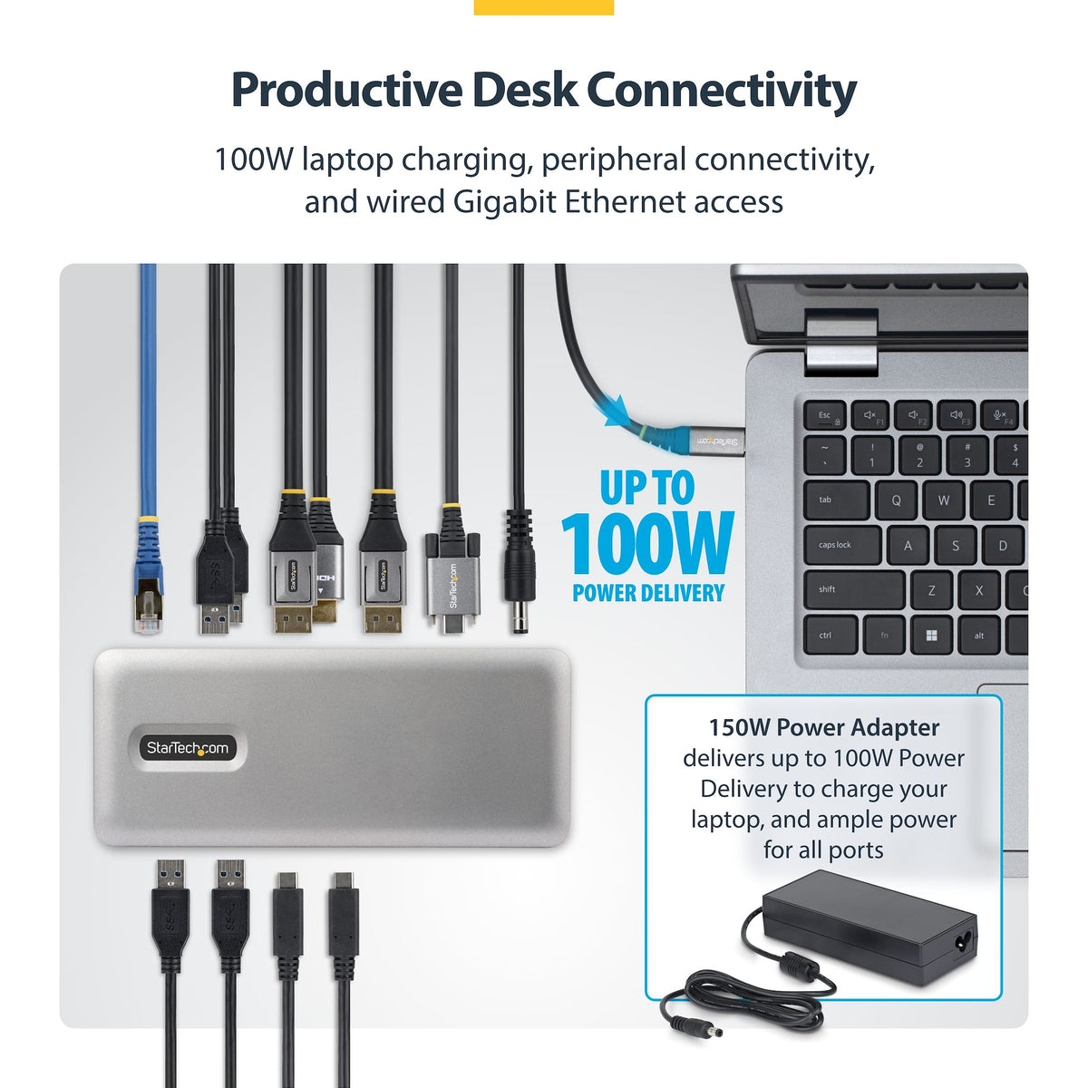 StarTech USB-C Triple 4K Docking Station, 100W Power Delivery, 2 DisplayPort & HDMI, 6 USB Ports, Gigabit Ethernet – TAA Compliant