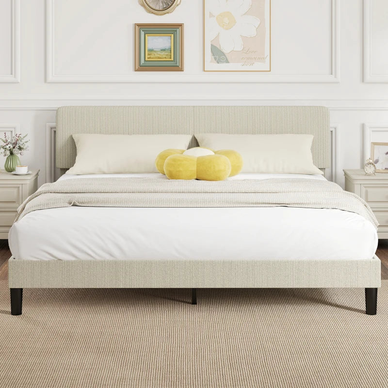 King Size Bed Frame with Adjustable Upholstered Headboard Platform Bed Frame Wood Slat Support Noise Free Light Grey