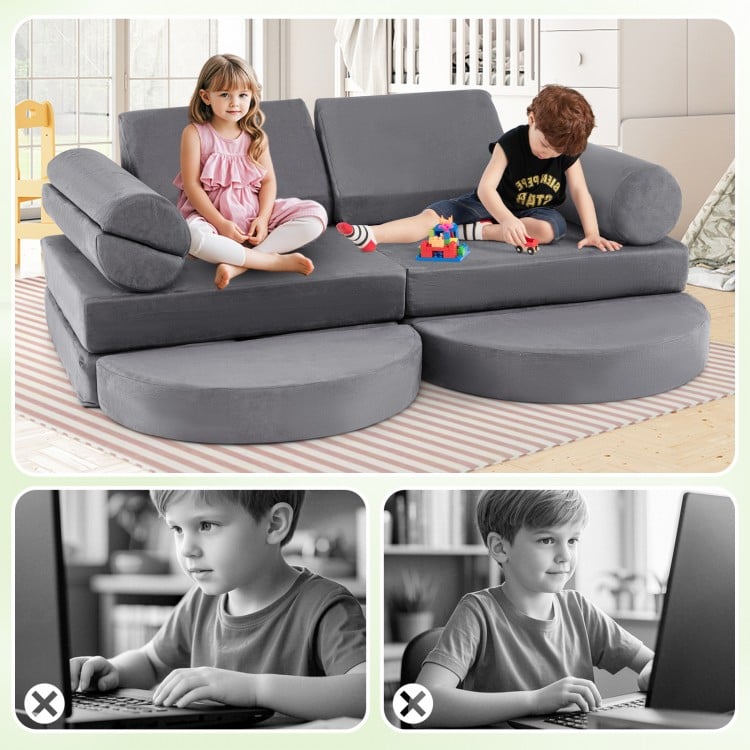 13 Pieces Convertible Modular Kids Play Couch for Nursery Playroom Bedroom-Gray