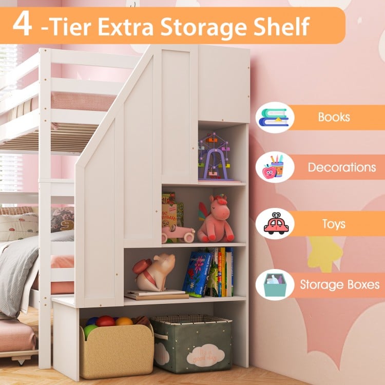 Home Wood Bunk Bed with Guard Rail and 4-step Storage Stairs No Box Spring Needed-White