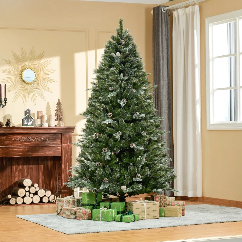 HOMCOM Artificial Christmas Snow Pine Tree with Automatic Open, Pinecones, Green Holiday Home Decoration 