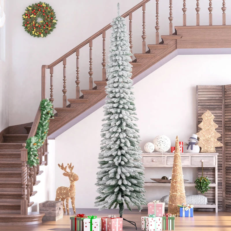 HOMCOM 7ft Snow-Flocked Artificial Christmas Tree – Slim Pencil Design, 490 Realistic Branches, Metal Base, Green 