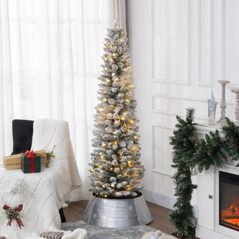 HOMCOM 5FT Prelit Pencil Christmas Tree with Warm White LED Lights, Slim Artificial Snow Flocked Xmas Tree with Metal Base 