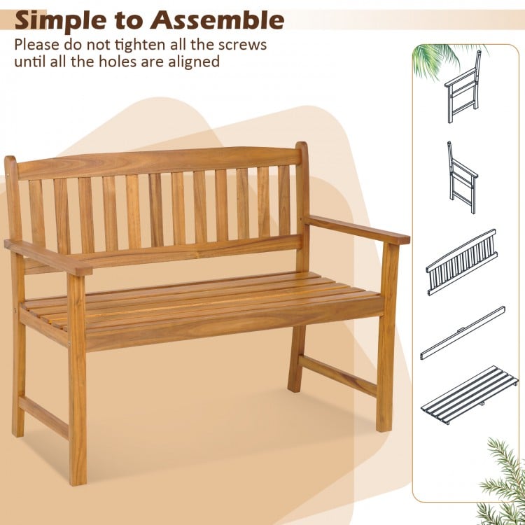 2-Person Patio Acacia Wood Bench with Backrest and Armrests