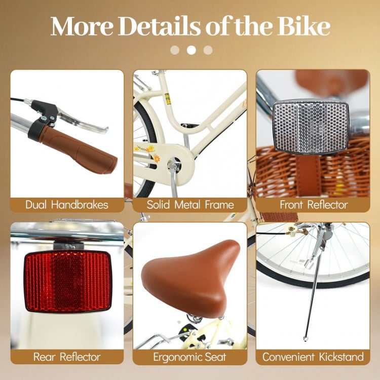 24 Inch Beach Cruiser Bike for Women with Woven Basket and Rear Rack - Beige