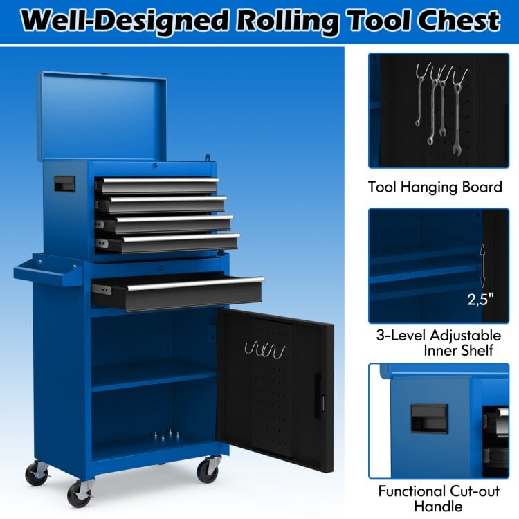 2-in-1 Rolling Tool Chest with 5 Sliding Lockable Drawers-Navy