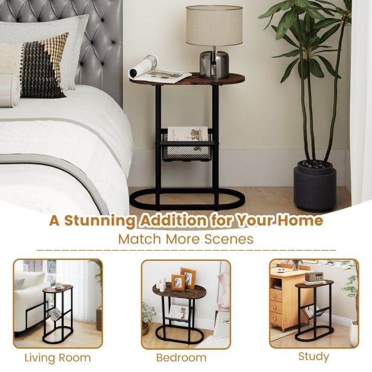2-Tier Oval Narrow Bedside End Table-Rustic Brown