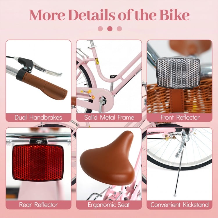 24-Inch Beach Cruiser Bike for Women with Woven Basket and Rear Rack - Pink