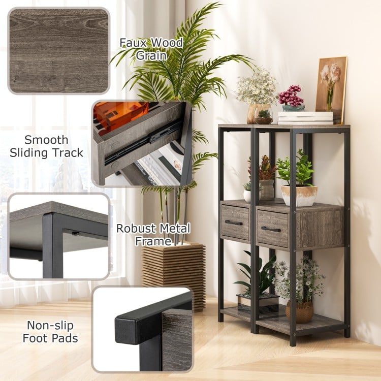 2 Pack 3 Tier Tall Metal Plant Stand with Drawer and Display Shelf-Gray