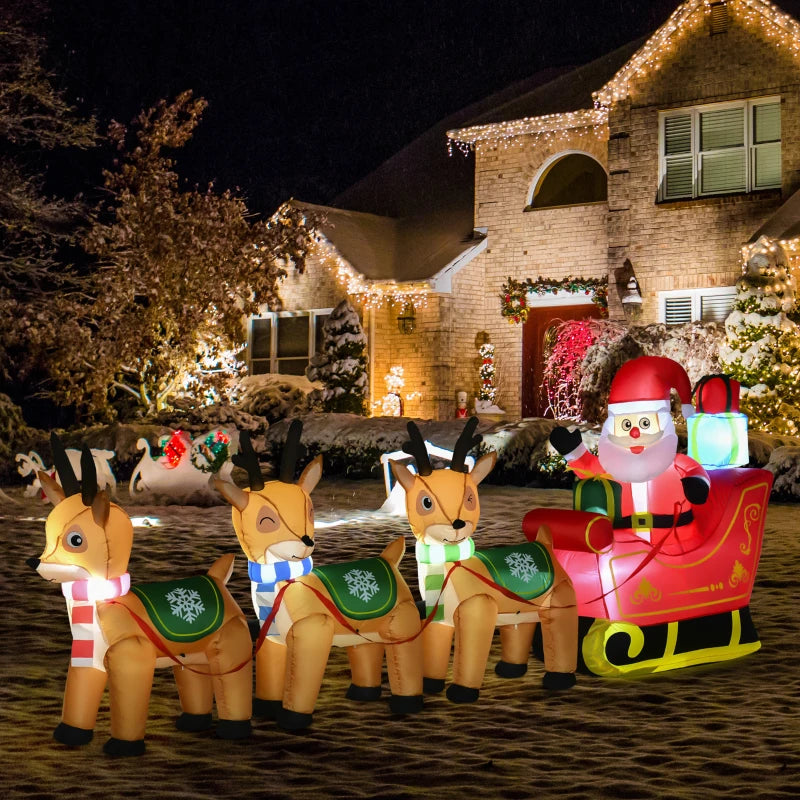 HOMCOM 4.5FT Inflatable Christmas Decoration with Santa Sleigh & 3 Reindeer, Outdoor Blow Up with LED Lights 