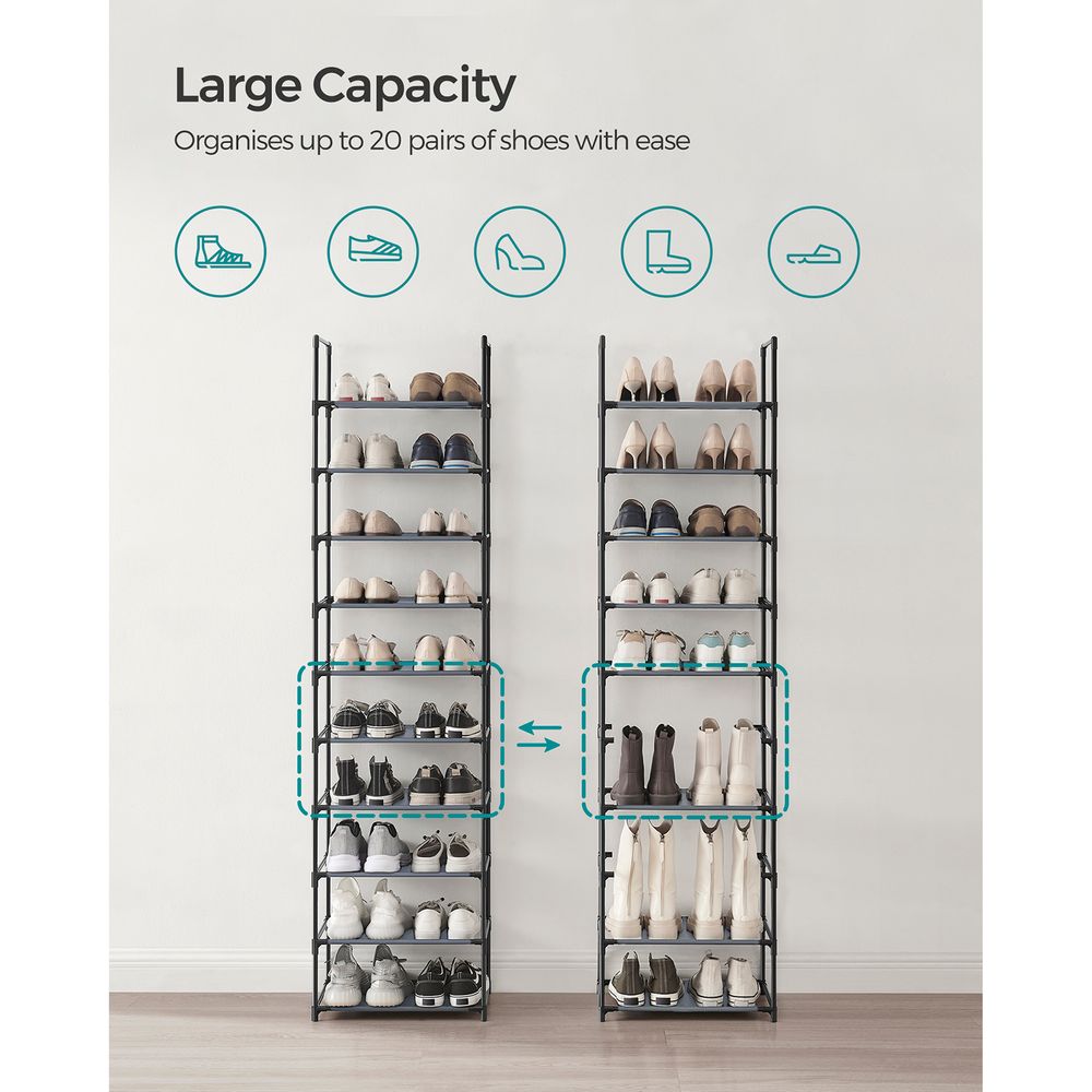 SONGMICS 10-Tier Shoe Shelf with Metal Frame 
