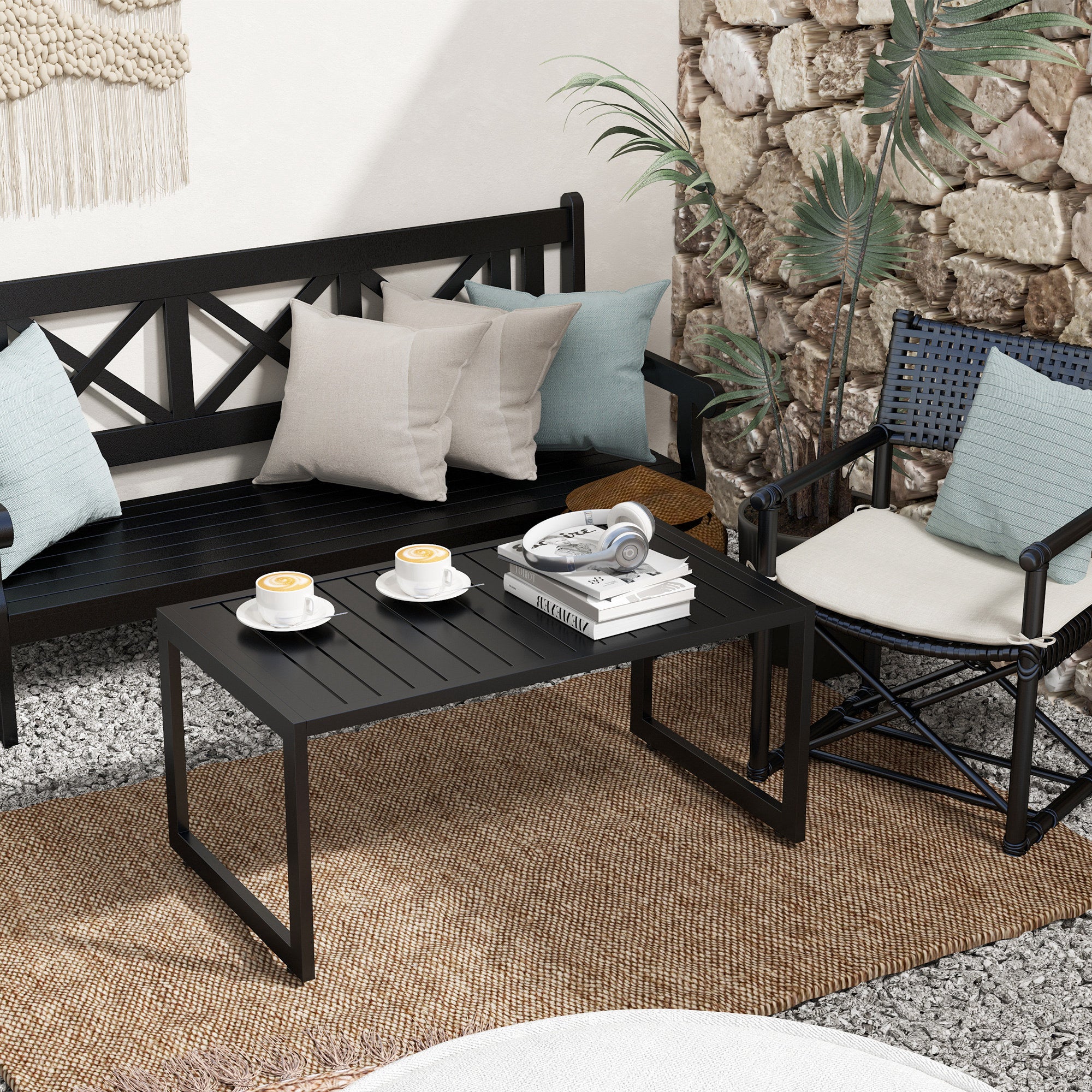Outsunny Outdoor Coffee Table, Patio Coffee Table with Slatted Tabletop, Adjustable Foot Pads for Garden, Patio, Lawn, Black 
