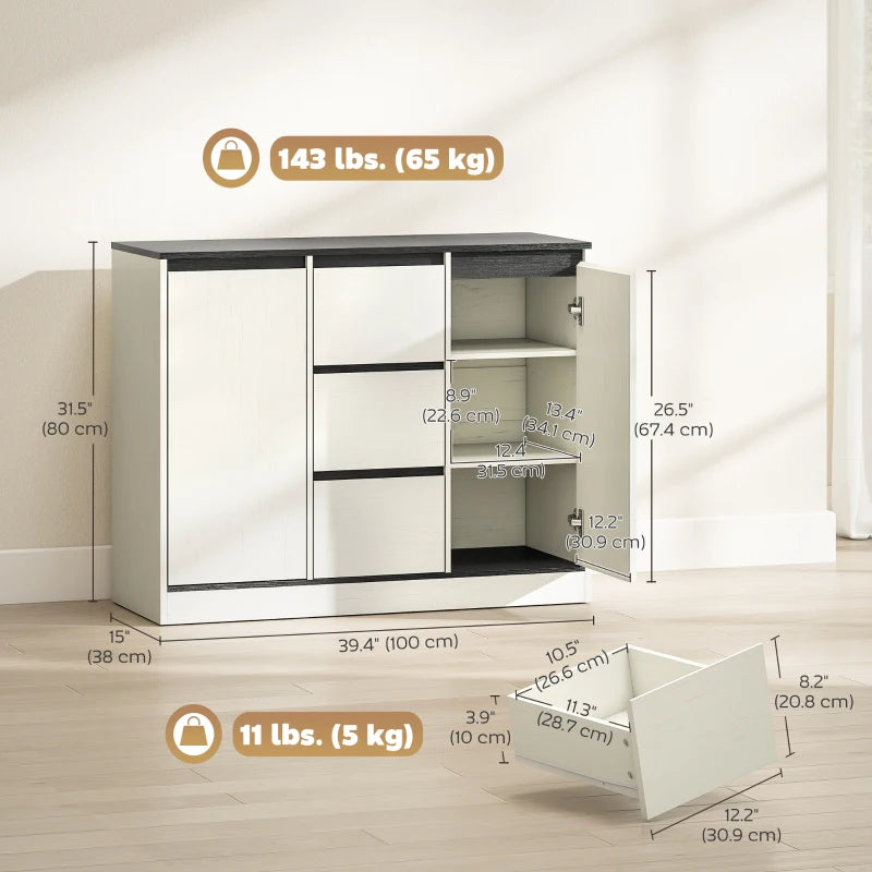 Buffet Cabinet with Soft-Close Hinges, Modern Sideboard with 3 Drawers and 2 Adjustable Shelves, White Wood Grain