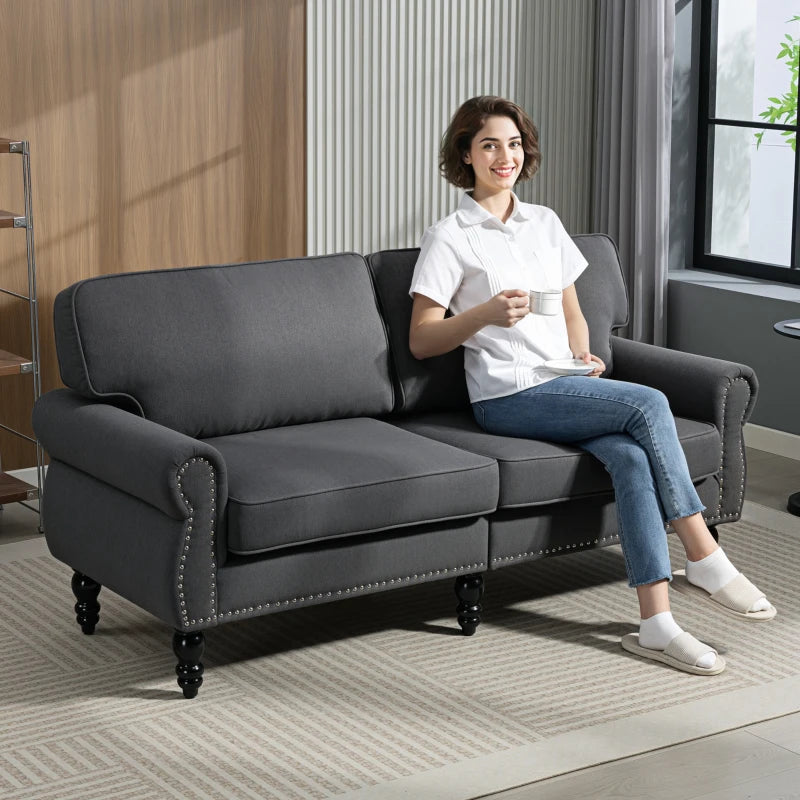 Stylish Midback Double Sofa with Sponge Padding, 2 Seater Sofa Couch, with Rubber Wood Leg, Dark Grey