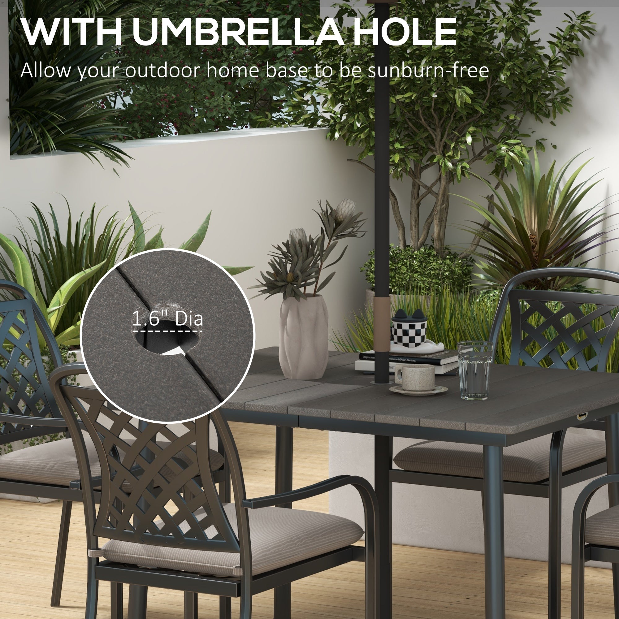 Outsunny 47" Aluminium Outdoor Dining Table with Umbrella Hole & HDPE Slatted Top in Dark Grey for Backyard 