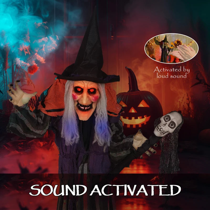 Outsunny Animatronic Standing Witch – Voice-Activated Halloween Prop with Skull Staff & Flashing Eyes 