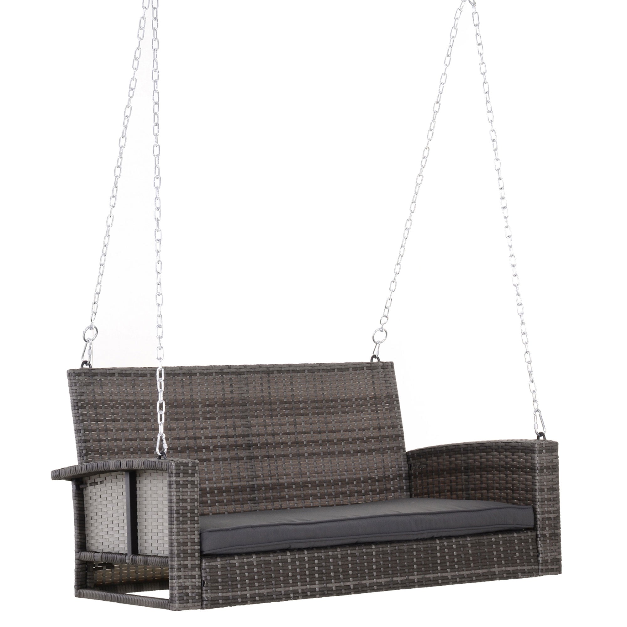 Outsunny 2-person Outdoor Wicker Porch Swing Chair Garden Rattan Hanging Bench with Cushion Yard Double Hammock Sun Lounge Seat, Grey 