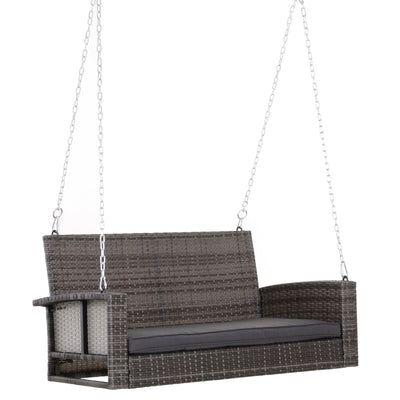 Outsunny 2-person Outdoor Wicker Porch Swing Chair Garden Rattan Hanging Bench with Cushion Yard Double Hammock Sun Lounge Seat, Grey 