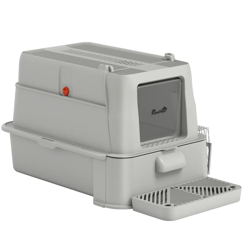 80L XL Stainless Steel Cat Litter Box for Big Cats with Flip Cover, Pull-Out Drawer Tray, High Sided, Pedal, Light Grey