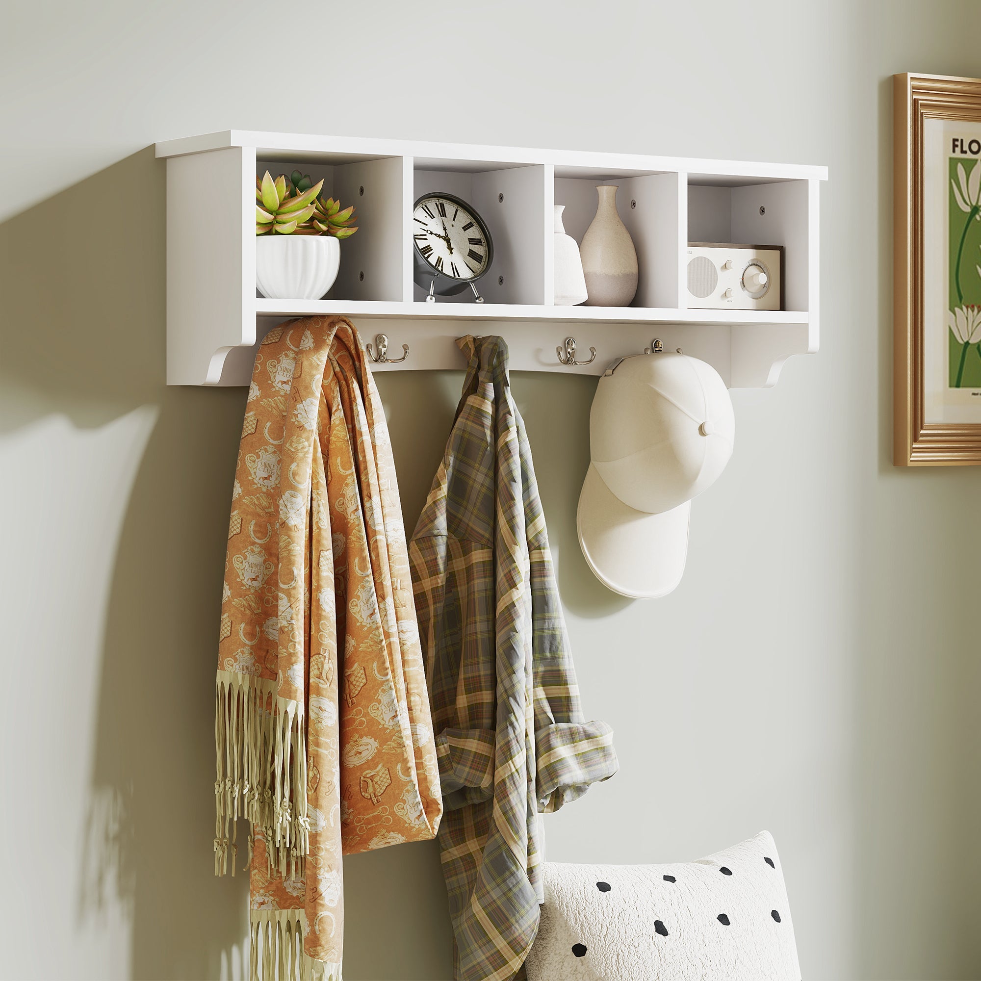 HOMCOM Coat Rack Wall Mount with Shelf, 28" Wall Coat Rack with 5 Hooks and 4 Compartments for Living Room, Entryway, White 