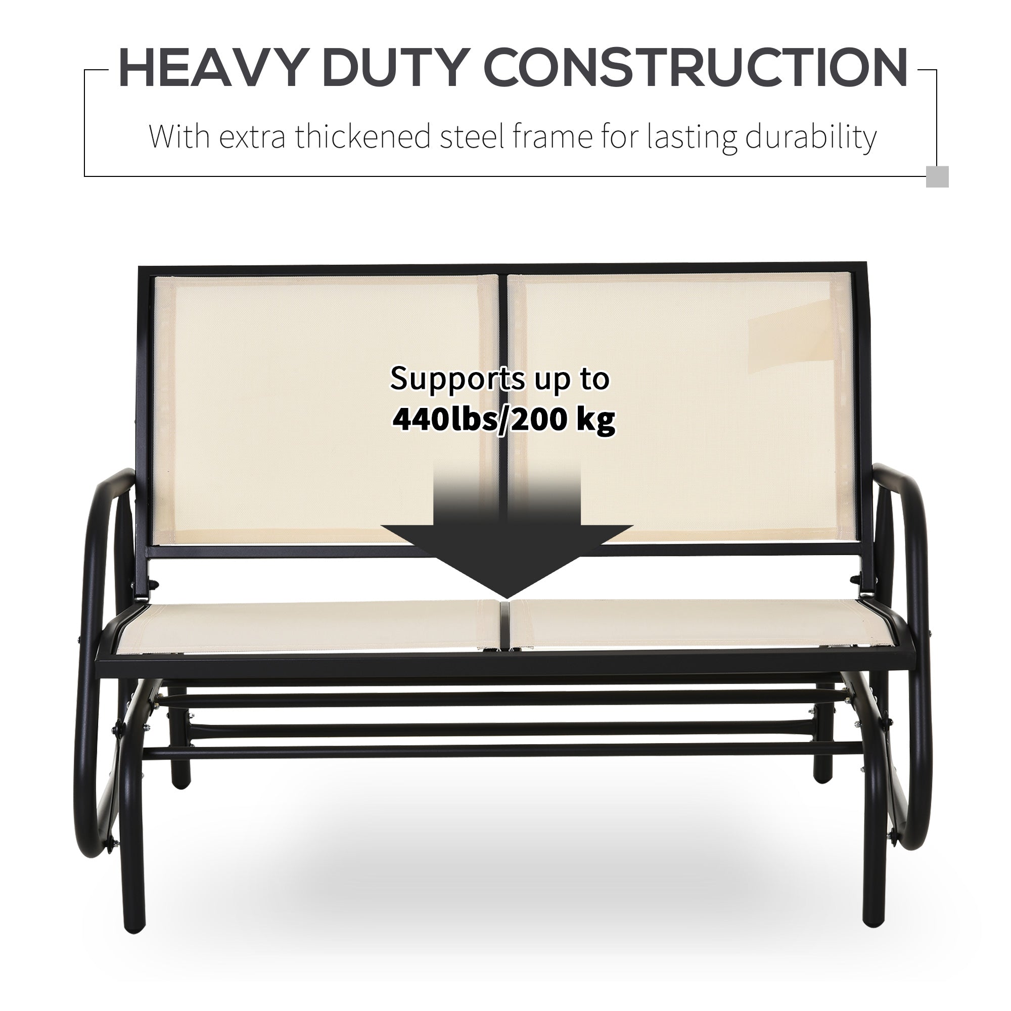 Outsunny Patio Double Glider Outdoor Steel Sling Fabric Gliding Bench Garden Swing Chair Heavy-Duty Porch Rocker Garden Loveseat Cream 