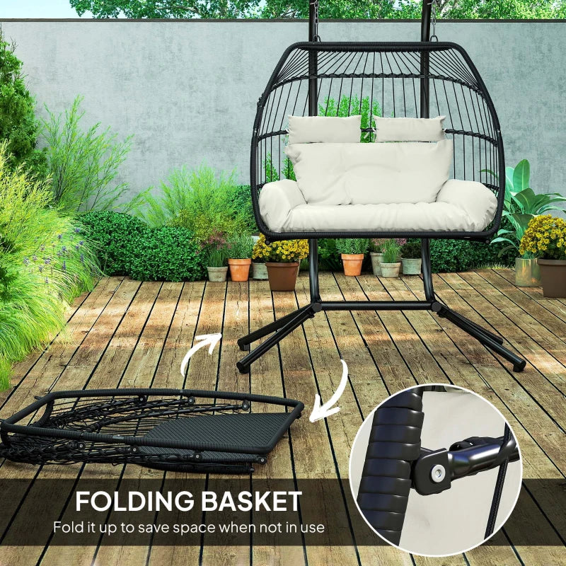 Double Wicker Egg Swing Chair with Stand, Foldable Hanging Egg Chair with UV Resistant Cushion, Headrest, Cream White