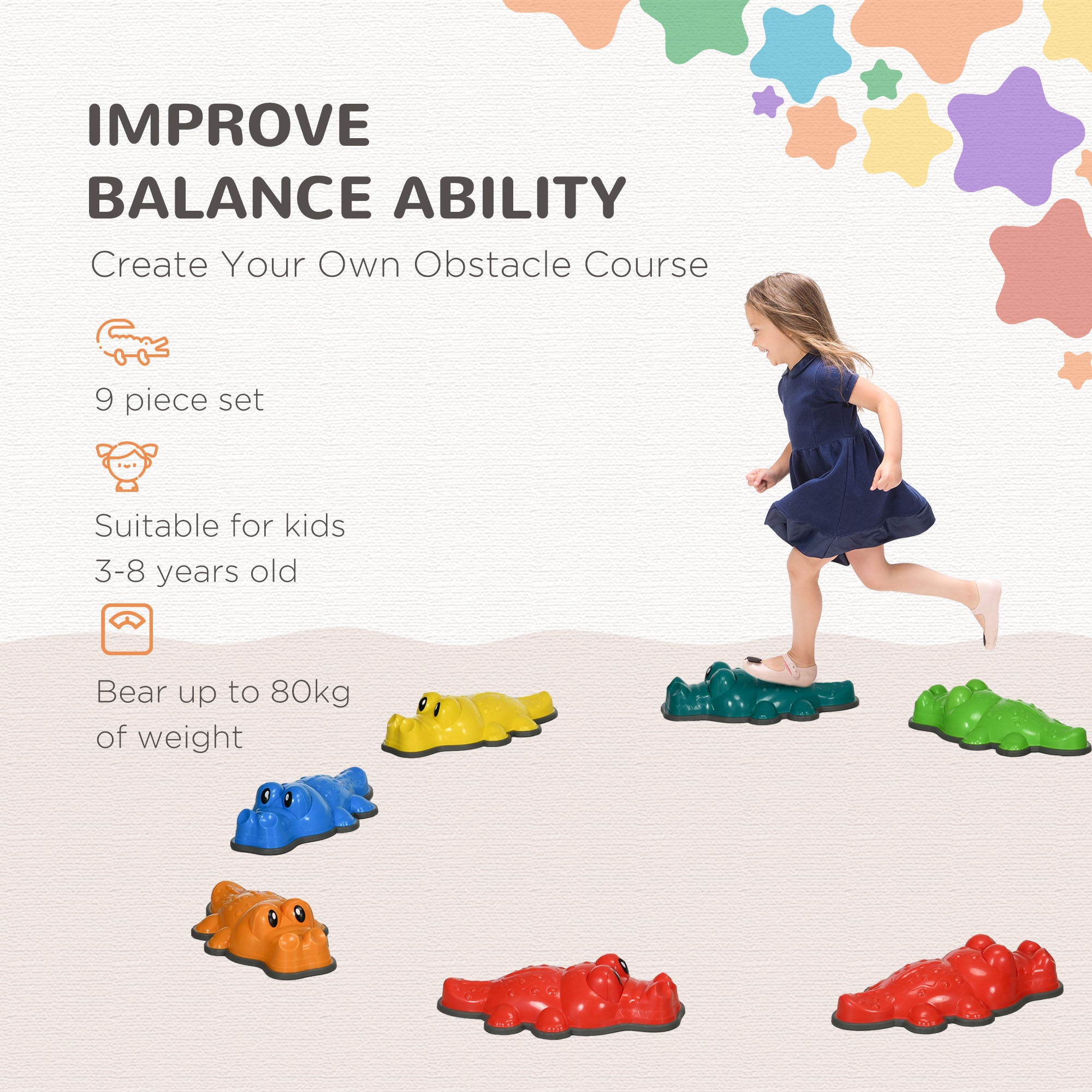 Outsunny 9pc Kids Balance Stepping Stones Anti-slip Edge Obstacle Course Play Equipment Indoor Outdoor Toys 