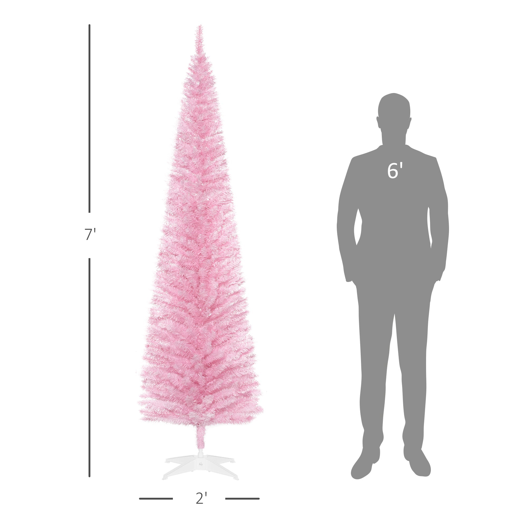 HOMCOM 7' Pencil Christmas Tree, Slim Artificial Xmas Tree with Realistic Branches, Sturdy Metal Stand, Pink 