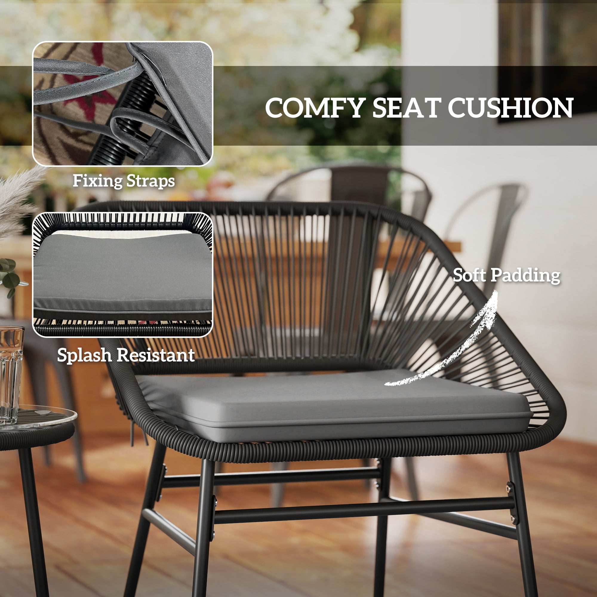 Outsunny 3 Piece Bistro Set, Wicker Outdoor Patio Furniture Set with Glass Top Table, Cushions for Balcony, Porch, Black 