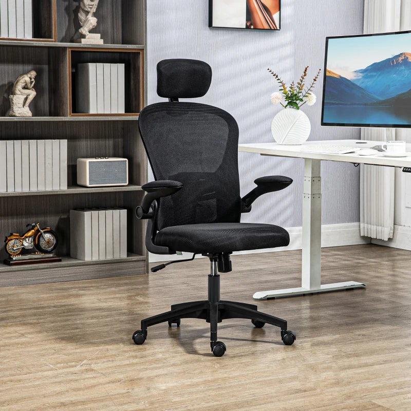 Office Chair, Mesh Computer Desk Chair with Adjustable Headrest, 4D Lumbar Support, Flip-up Arm, Black