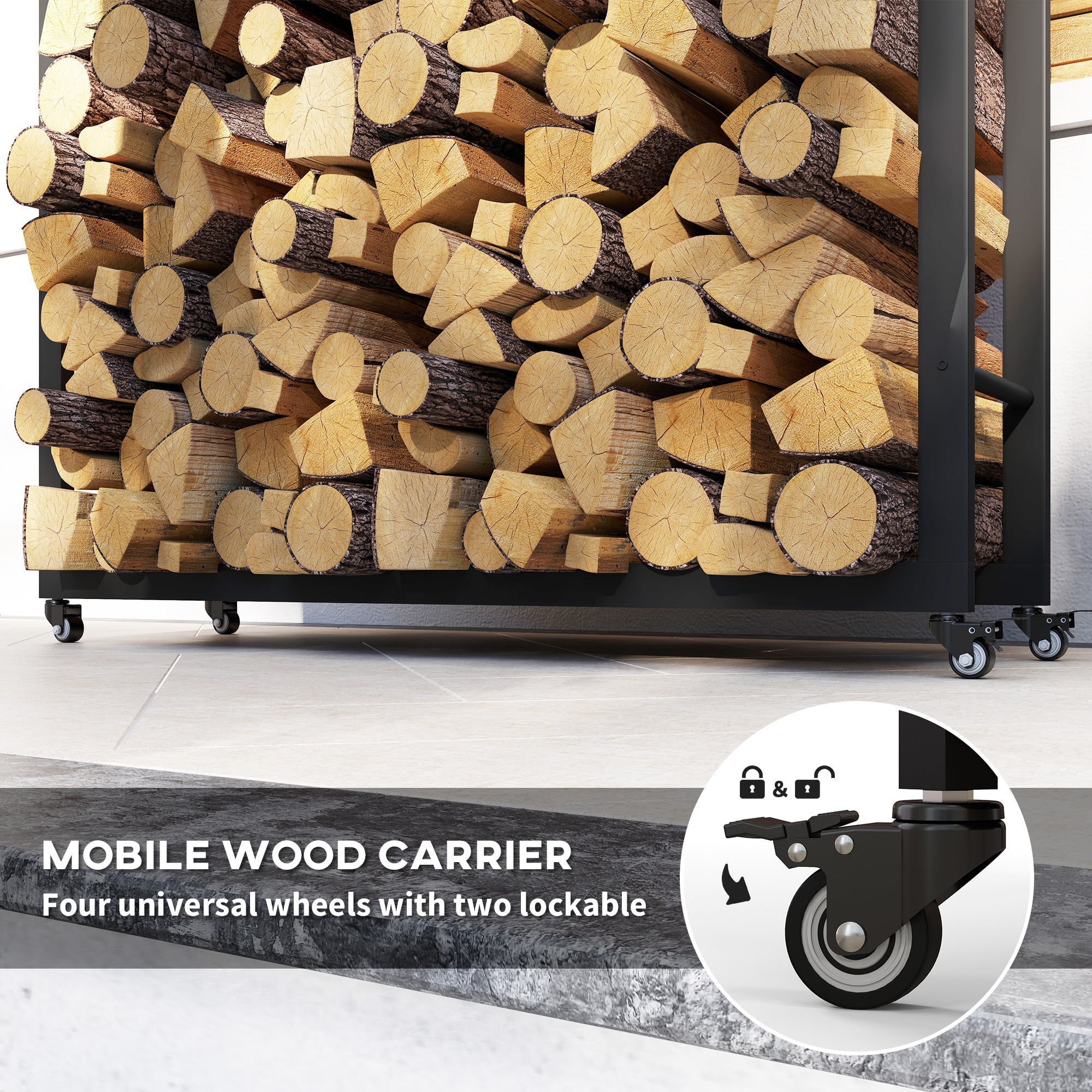 Outsunny Outdoor Firewood Rack with Wheels Heavy Duty Steel Wood Log Storage Stacker for Fireplace, Black 