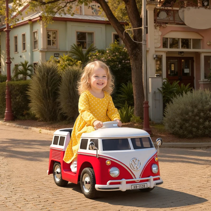 Qaba 12V Kids Ride on Car, Lisensed Volkswagen T1 Electric Vehicle with Dual Motor and Soft Start for 3-7 Years, Red