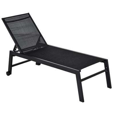 Outsunny Patio Lounge Chair Outdoor Recliner with 5-Position Backrest 2 Wheels for Poolside Beach Lawn Black 