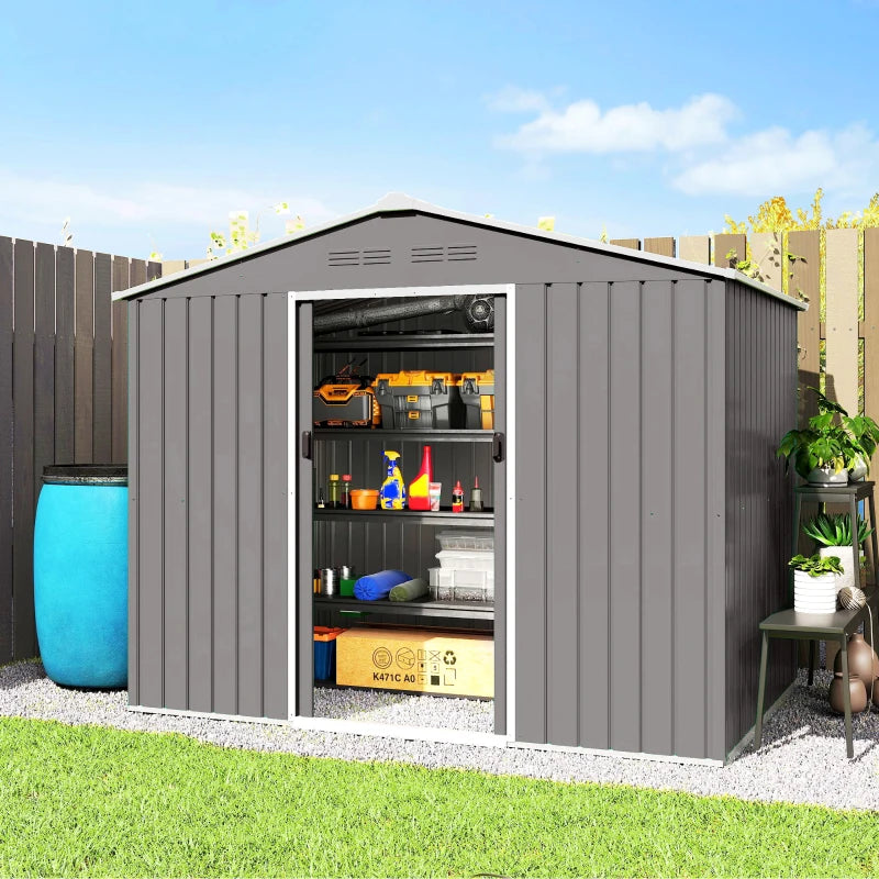 8' x 6' Outdoor Storage Shed, Metal Garden Tool Storage House with Lockable Sliding Doors and Vents, Light Grey