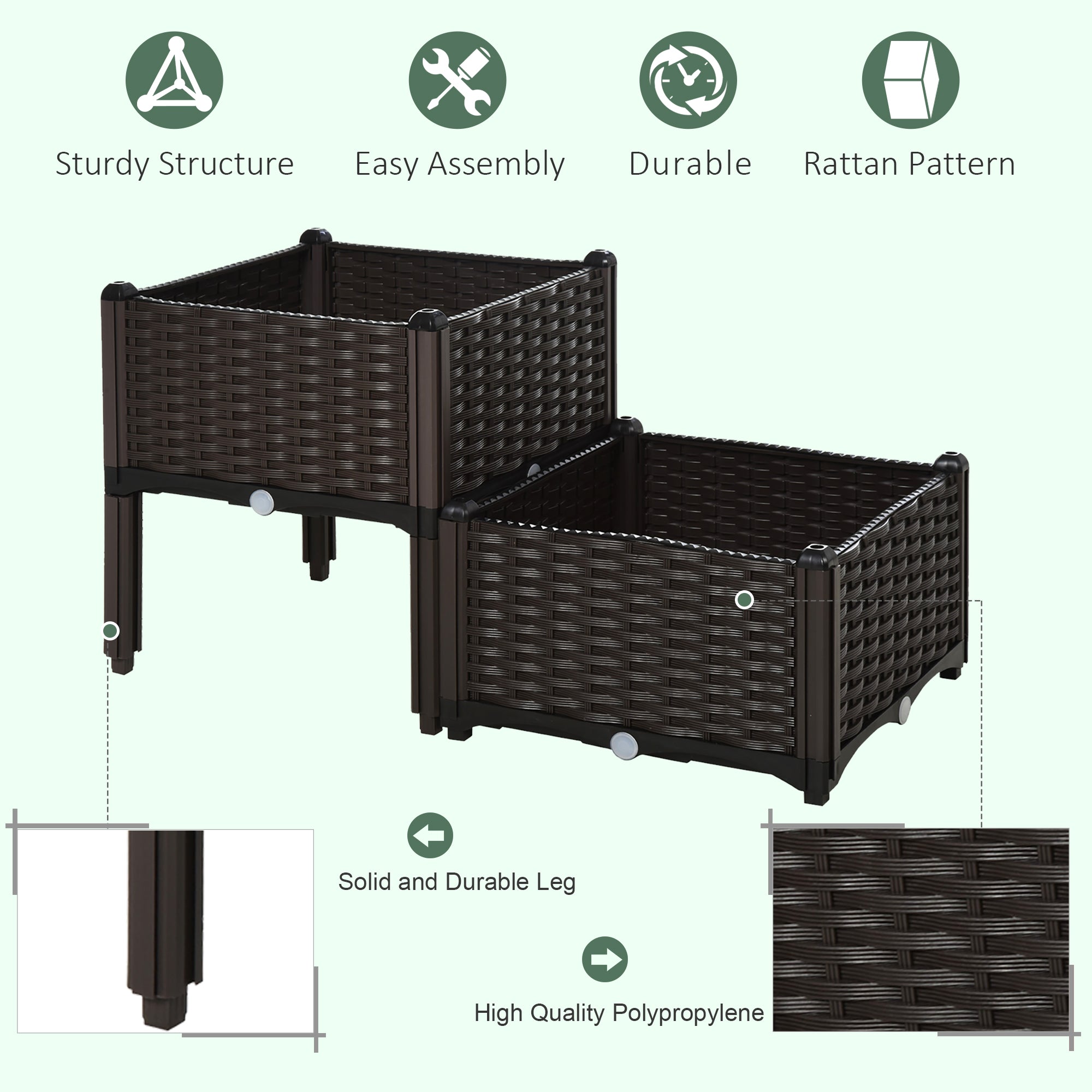 Outsunny 2pc Raised Garden Beds Durable PP Flower Vegetable Herb Grow Box Stand for Outdoor Gardening 