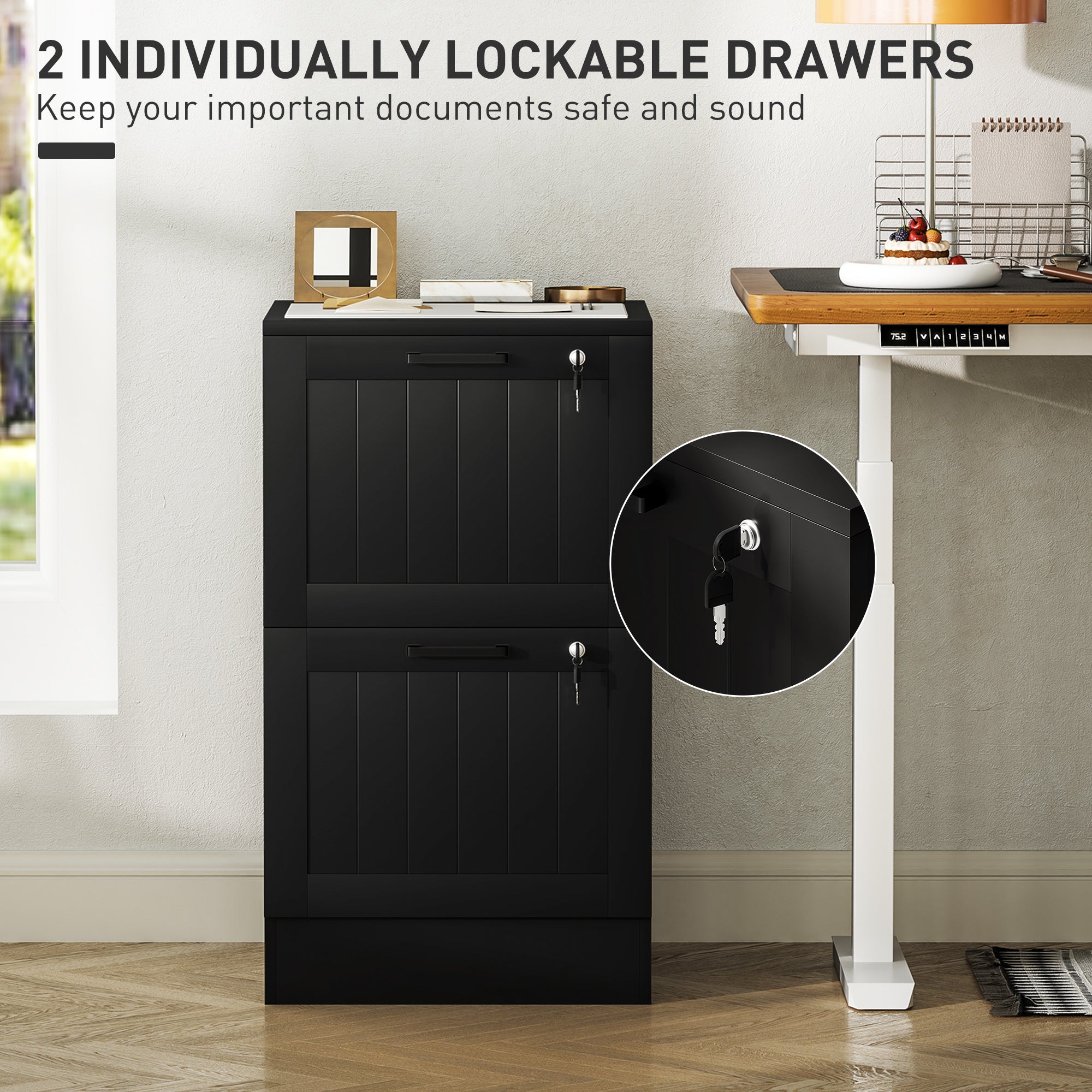 HOMCOM 2 Drawer Filing Cabinet with Lock, Office Storage Cabinet with Adjustable Hanging Bars for A4 Letter Size Files, Black 