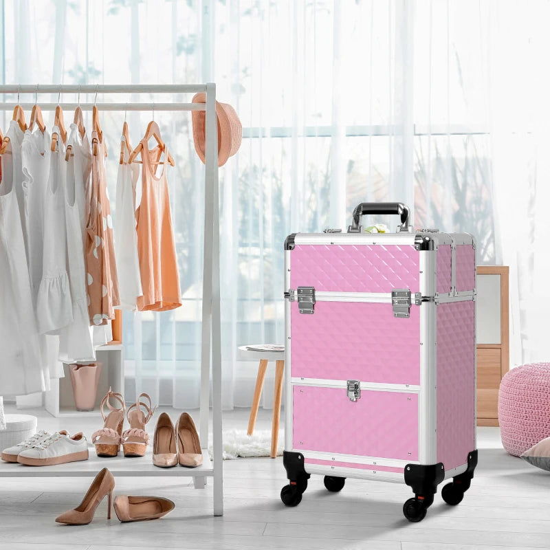 Portable Aluminum Makeup Train Cases, Rolling Makeup Case, Salon Beauty Cosmetic Jewelry Organizer Trolley with 4 Wheels, Pink