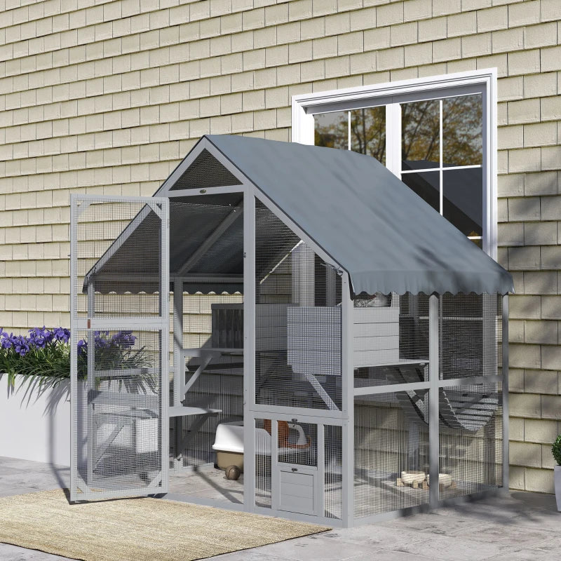Large Catio Outdoor with Waterproof Cover, 2 Resting Boxes, 4 Platforms, Bridge, for 2-4 Kittens, Grey