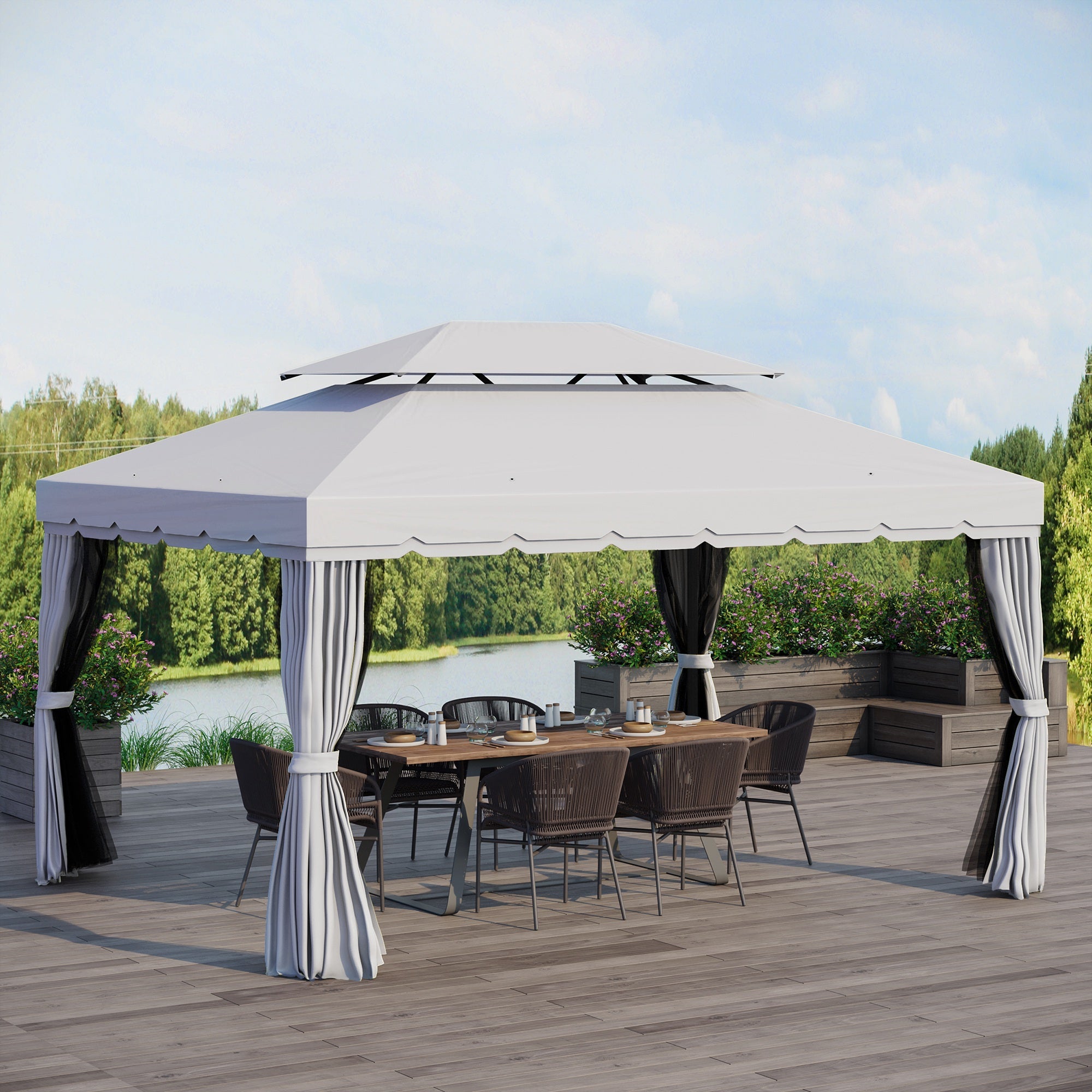 Outsunny 13'x10' Outdoor Patio Gazebo Canopy with 2-Tier Polyester Roof Vented Mesh Sidewall Light Grey 