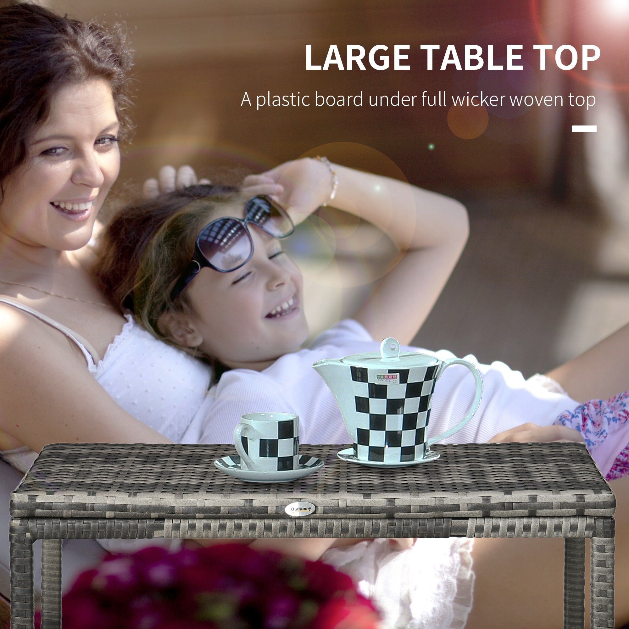 Outsunny Patio Rattan End Table, Outdoor Side Table with Full Woven Table Top for Garden, Balcony, Mixed Grey 