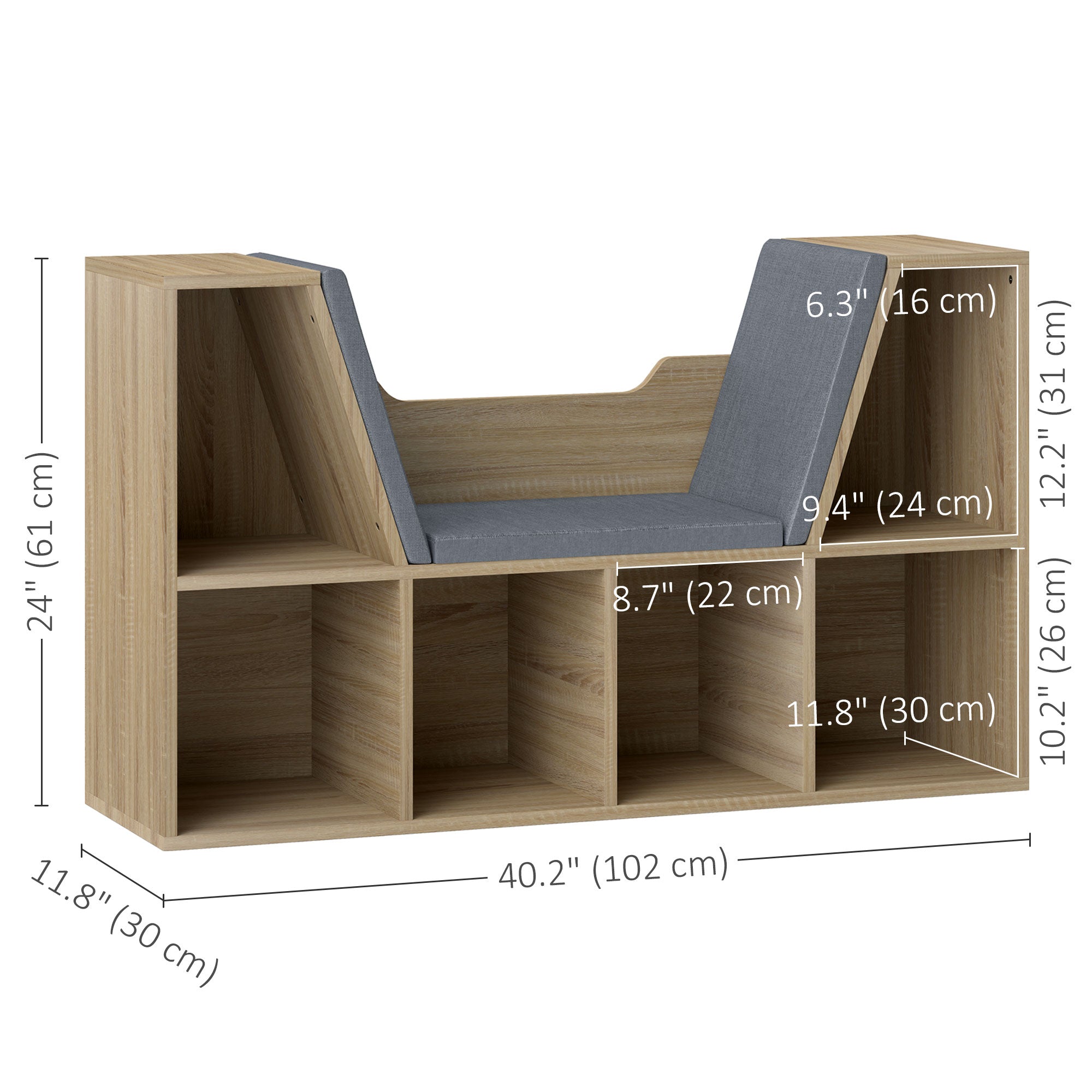 HOMCOM 6-Cubby Bookcase with Seat Cushion, Cube Storage Shelf with Reading Nook for Home Office, Study, Oak 