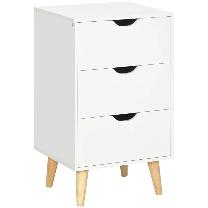 Bedside Table, Modern Nightstand with 3 Drawers, Side End Table with Wood Legs for Living Room, Bedroom, White