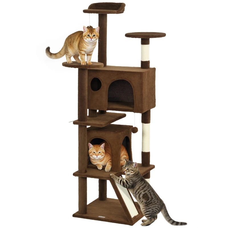 63" Cat Tree, Multi-Level Cat Tower with Scratching Posts, Cat Condos, Bed, Platforms, Ramp, Toy Ball, Light Brown