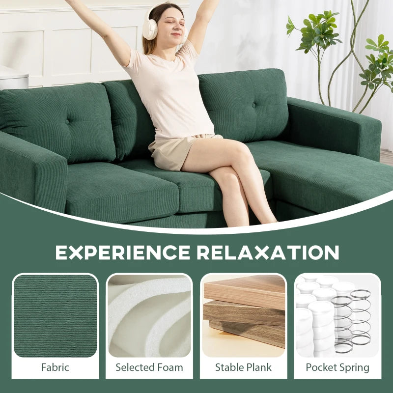 Sectional Sofa with Changeable Chaise Lounge, 3 Seat L-Shaped Sofa, Upholstered Couch for Small Space, Dark Green
