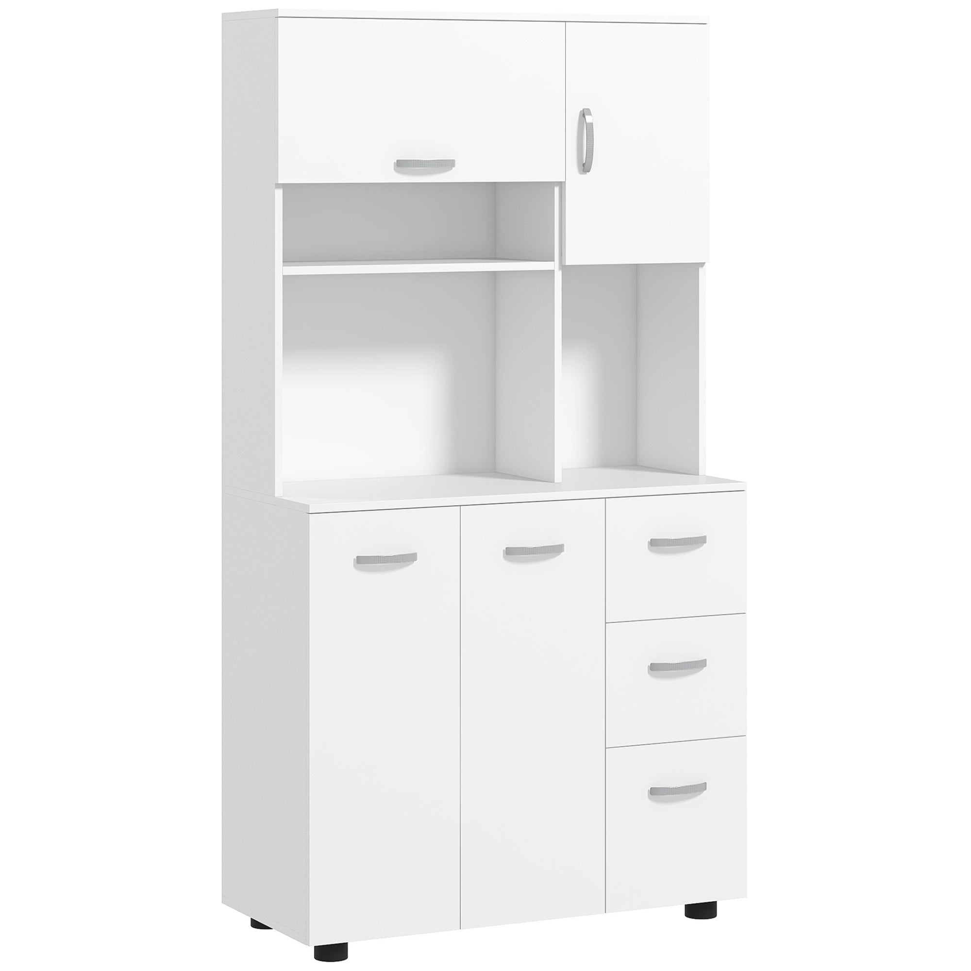 HOMCOM Freestanding Kitchen Microwave Cabinet Tall Cabinet with Doors Drawers Shelves, White 